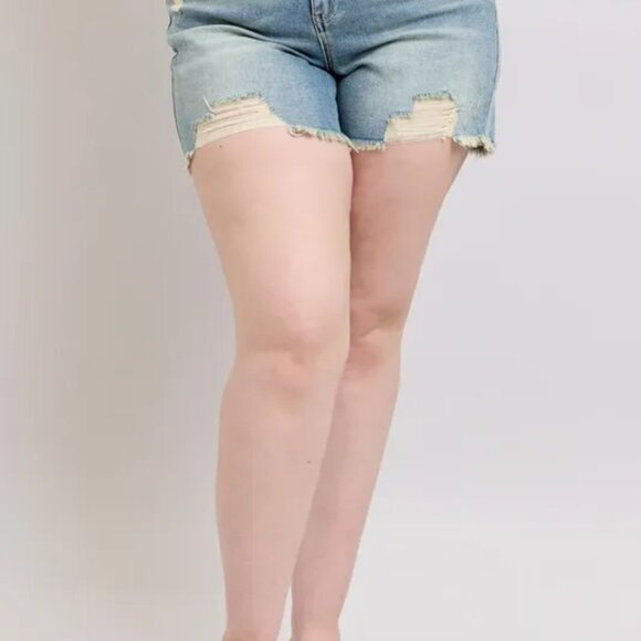 Judy Blue Plus Size High Rise Washed Fly Stitch Detail and Destroy Denim Shorts - Picture 2 of 9
